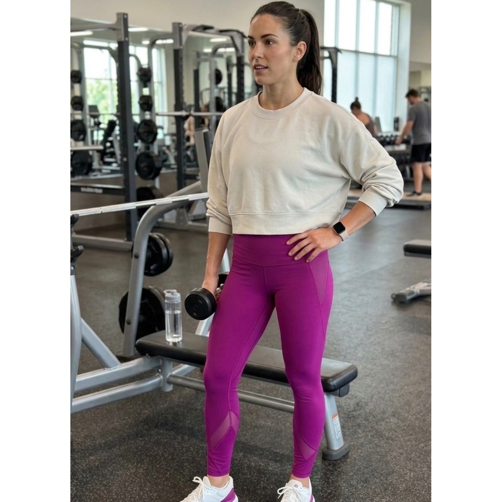 Lululemon Set Bone Ivory Crop Sweatshirt & Magenta Purple Mesh Leggings Size 6